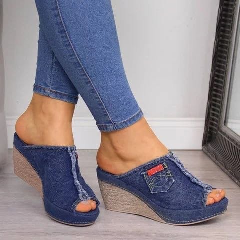 Mules compensées denim