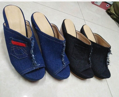 Mules compensées denim