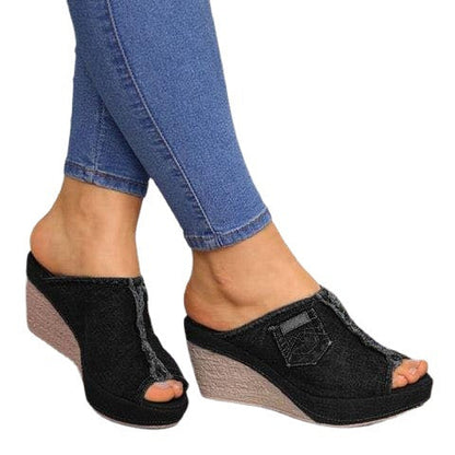 Mules compensées denim