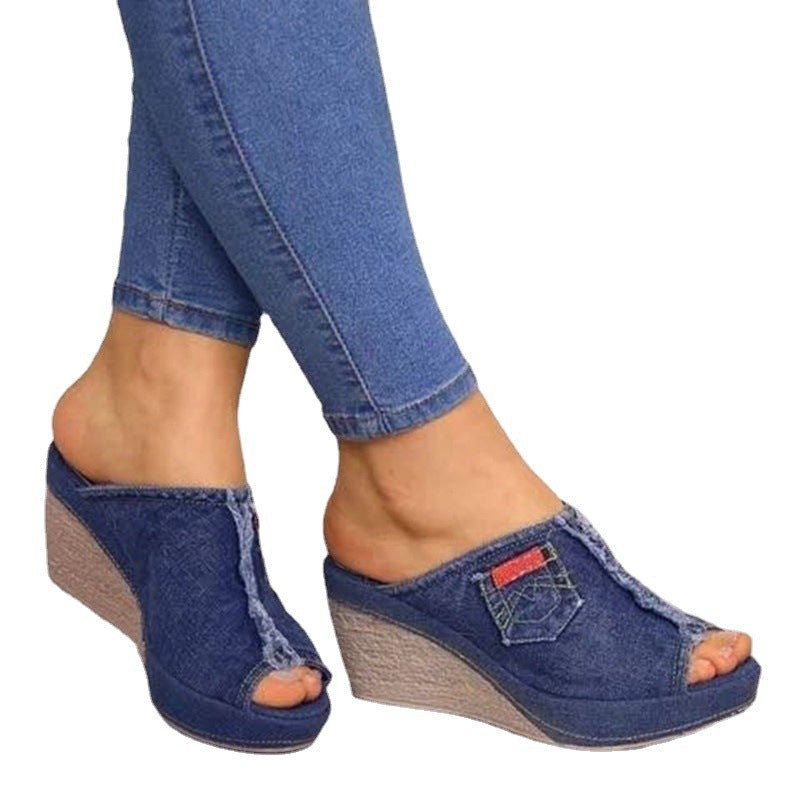 Mules compensées denim